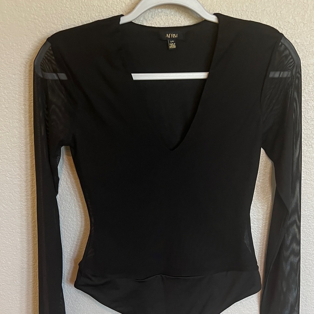 AFRM Black V-Neck Mesh Bodysuit